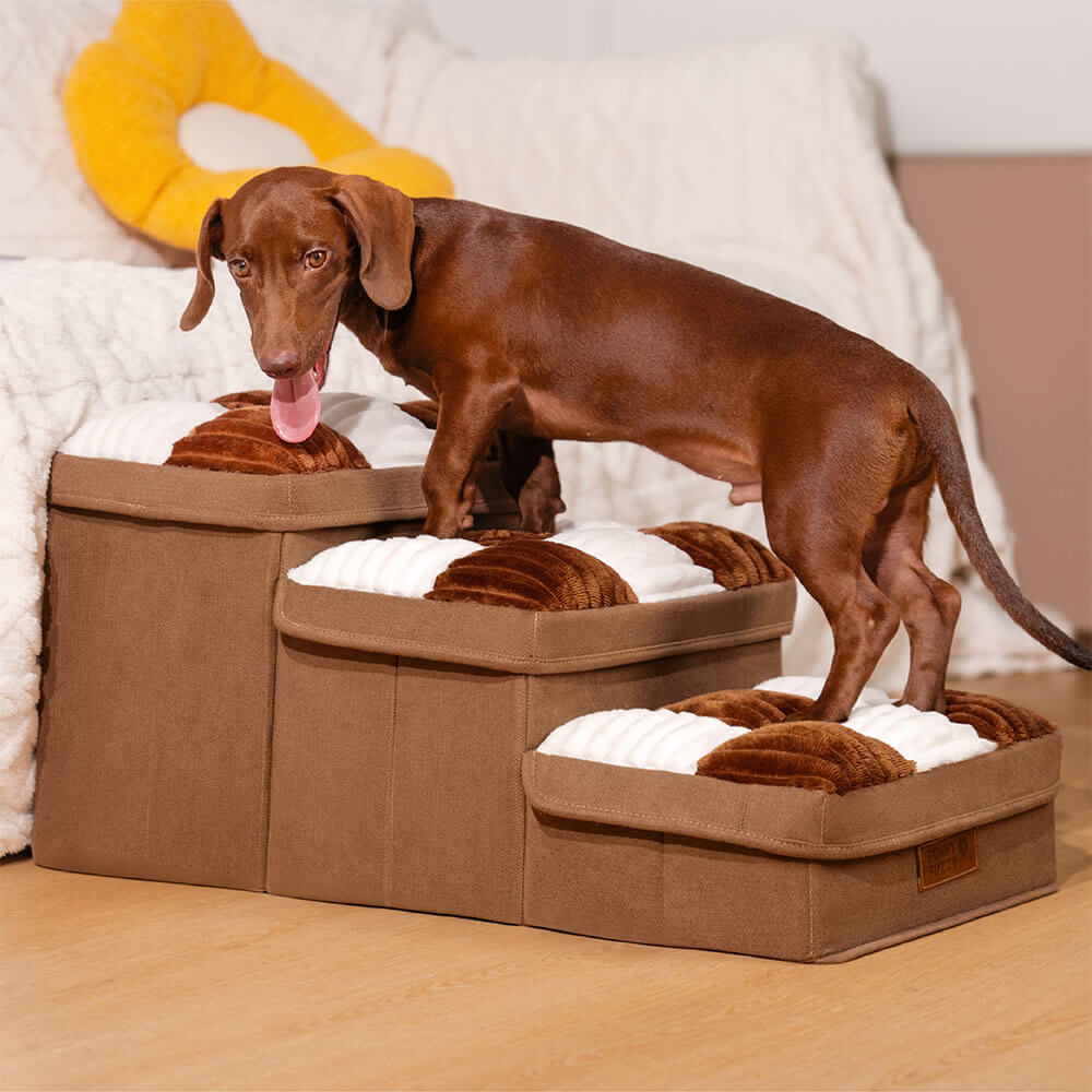 Dog Stairs for Bed & Sofa – Handcrafted Foldable Plaid Pet Steps with Storage, Non-Slip Design