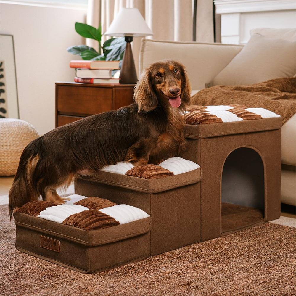 Dog Stairs for Bed & Sofa – Handcrafted Foldable Plaid Pet Steps with Storage, Non-Slip Design