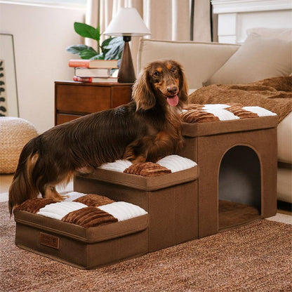 Dog Stairs for Bed & Sofa – Handcrafted Foldable Plaid Pet Steps with Storage, Non-Slip Design