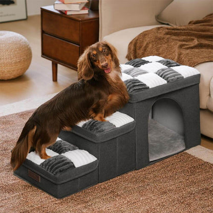 Dog Stairs for Bed & Sofa – Handcrafted Foldable Plaid Pet Steps with Storage, Non-Slip Design