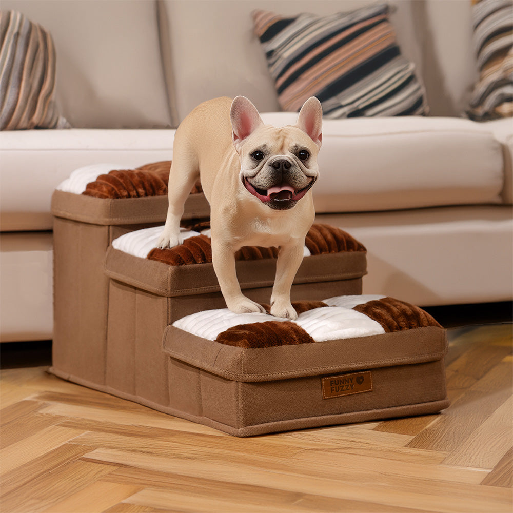 Dog Stairs for Bed & Sofa – Handcrafted Foldable Plaid Pet Steps with Storage, Non-Slip Design