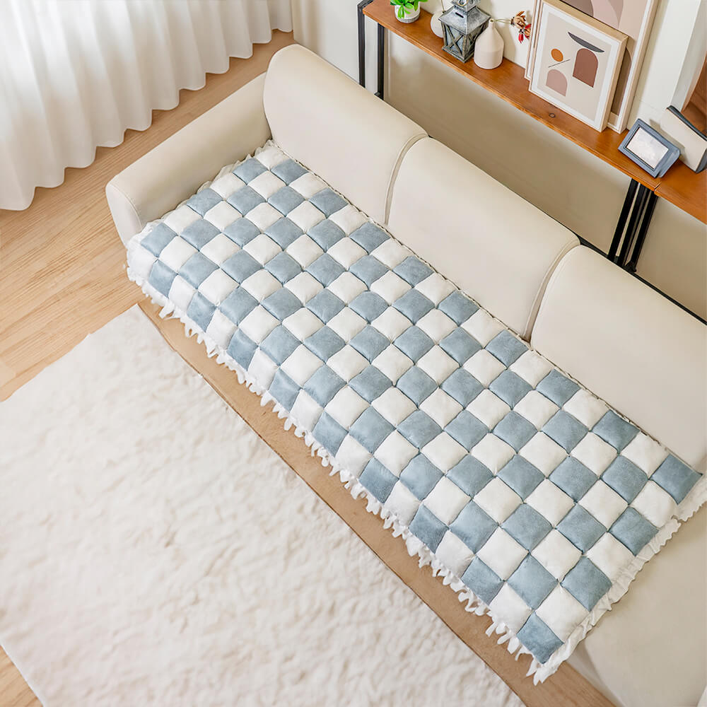 Dog Blanket for Couch – Cream Plaid Fuzzy Chenille Sofa Protector & Washable Pet Mat
