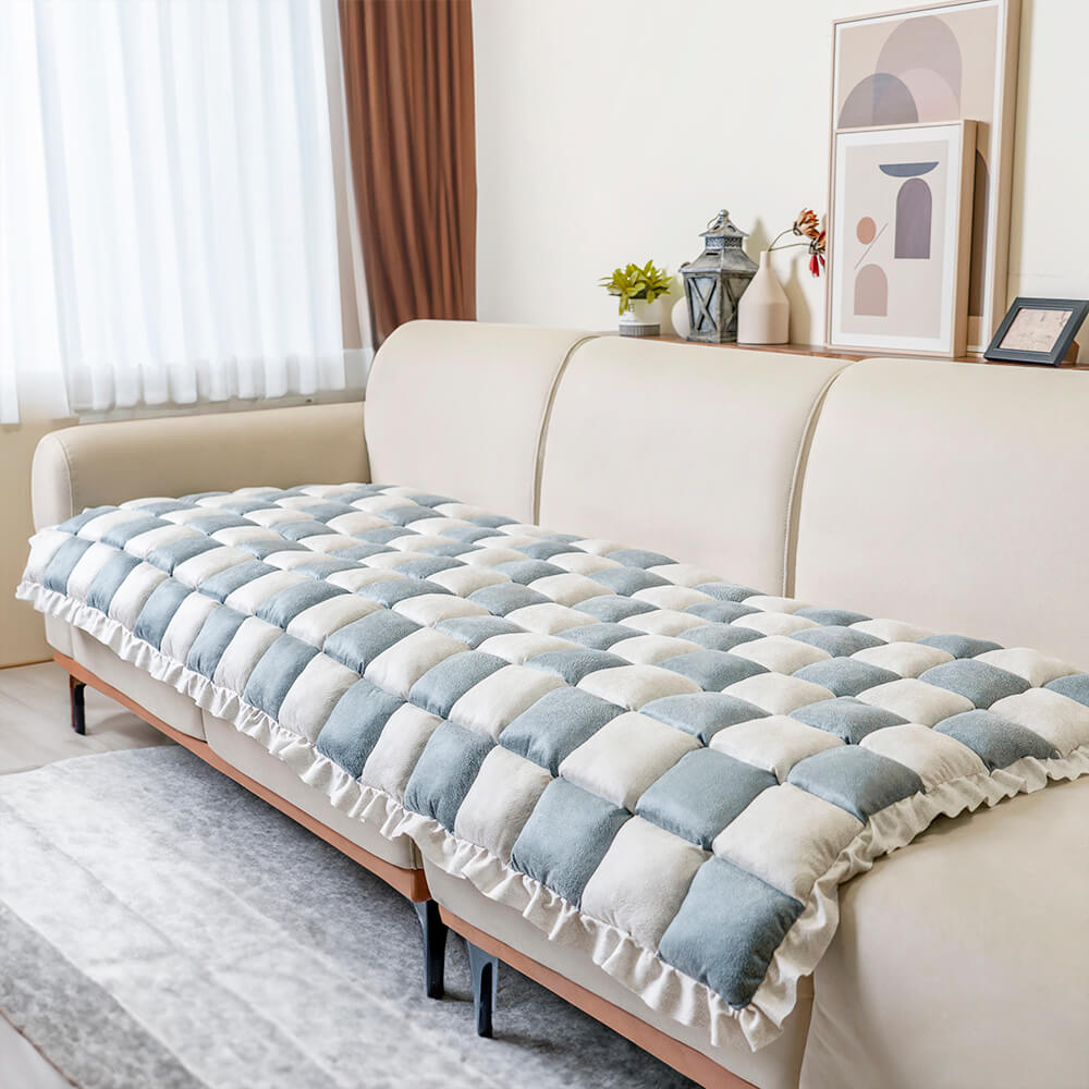 Dog Blanket for Couch – Cream Plaid Fuzzy Chenille Sofa Protector & Washable Pet Mat