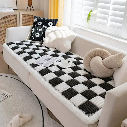 Dog Blanket for Couch – Cream Plaid Fuzzy Chenille Sofa Protector & Washable Pet Mat