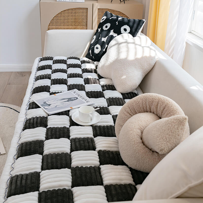 Dog Blanket for Couch – Cream Plaid Fuzzy Chenille Sofa Protector & Washable Pet Mat