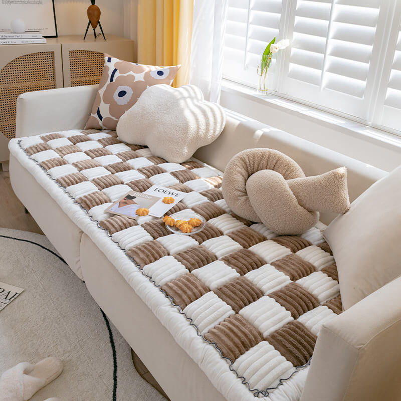 Dog Blanket for Couch – Cream Plaid Fuzzy Chenille Sofa Protector & Washable Pet Mat
