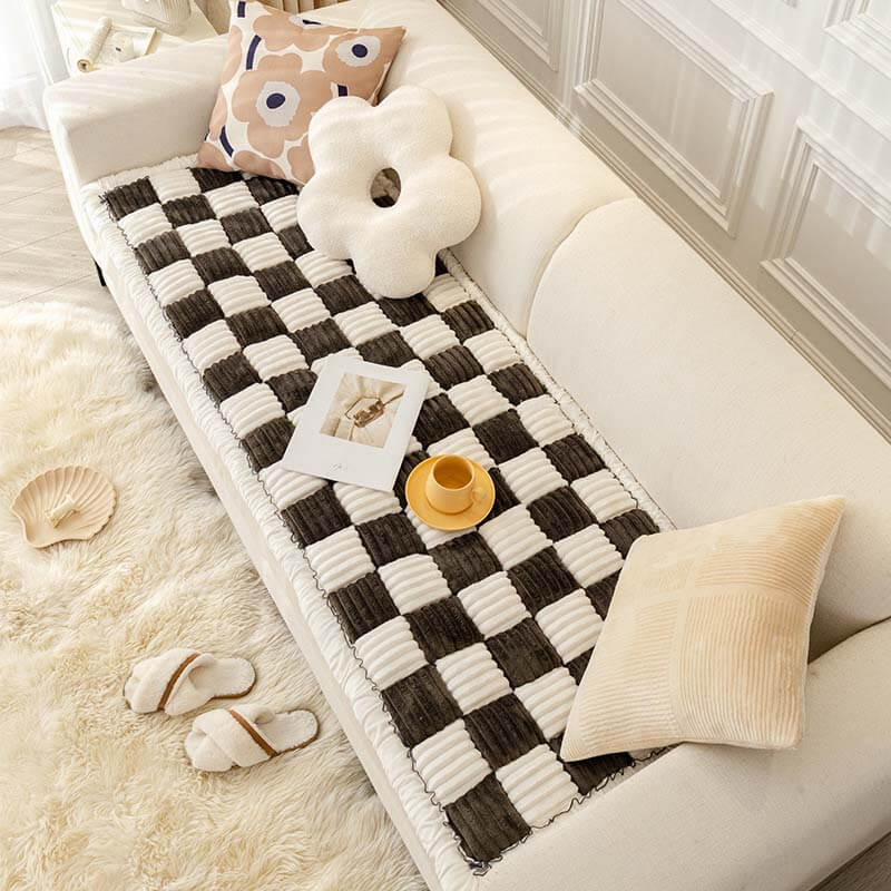 Dog Blanket for Couch – Cream Plaid Fuzzy Chenille Sofa Protector & Washable Pet Mat