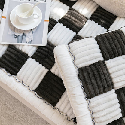 Dog Blanket for Couch – Cream Plaid Fuzzy Chenille Sofa Protector & Washable Pet Mat