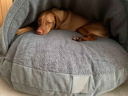 Dog Cave Bed – Grey Luxury Covered Calming Sofa with Removable Hood & Washable Cover