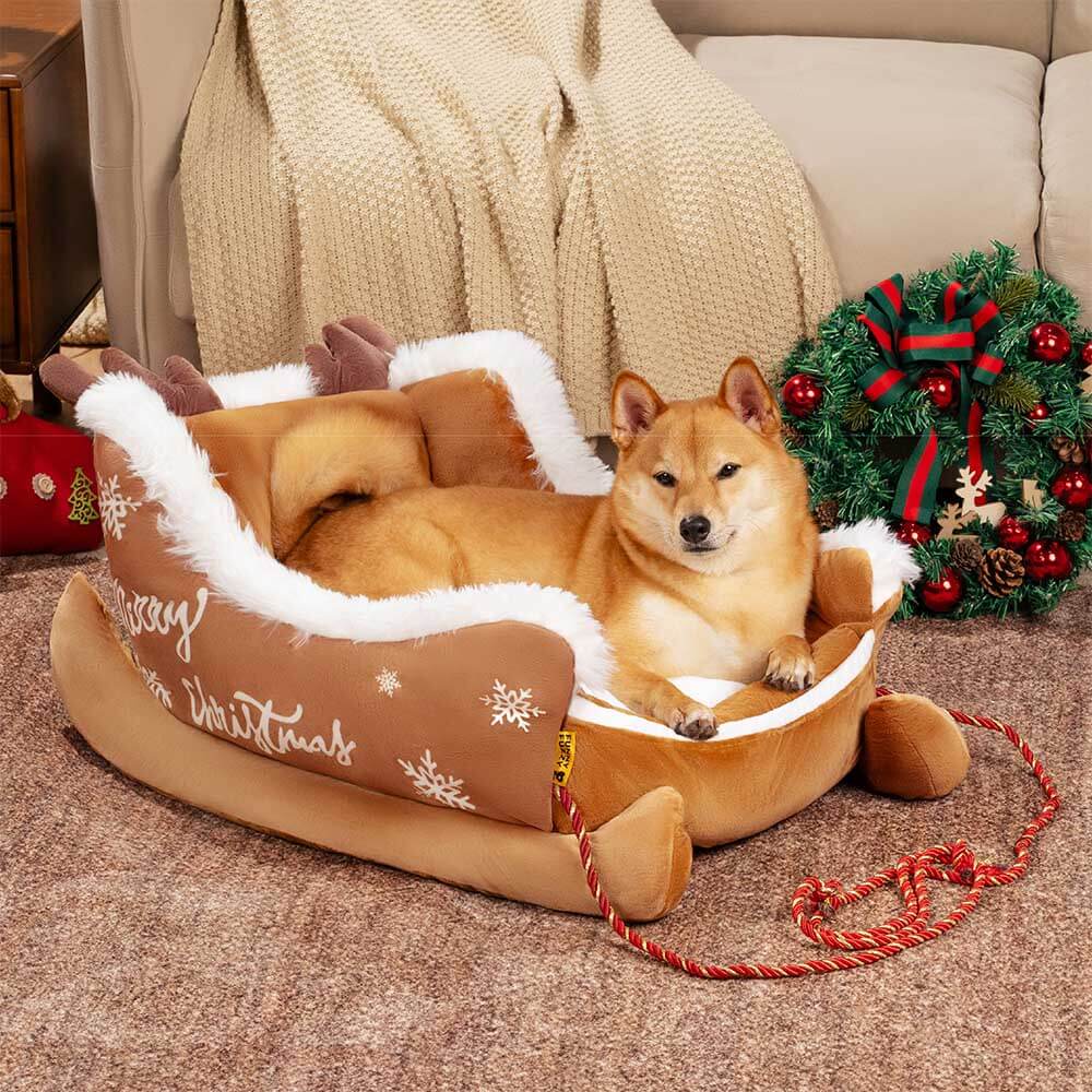 Festive Plush Cosy Dog Bed - Christmas Sleigh