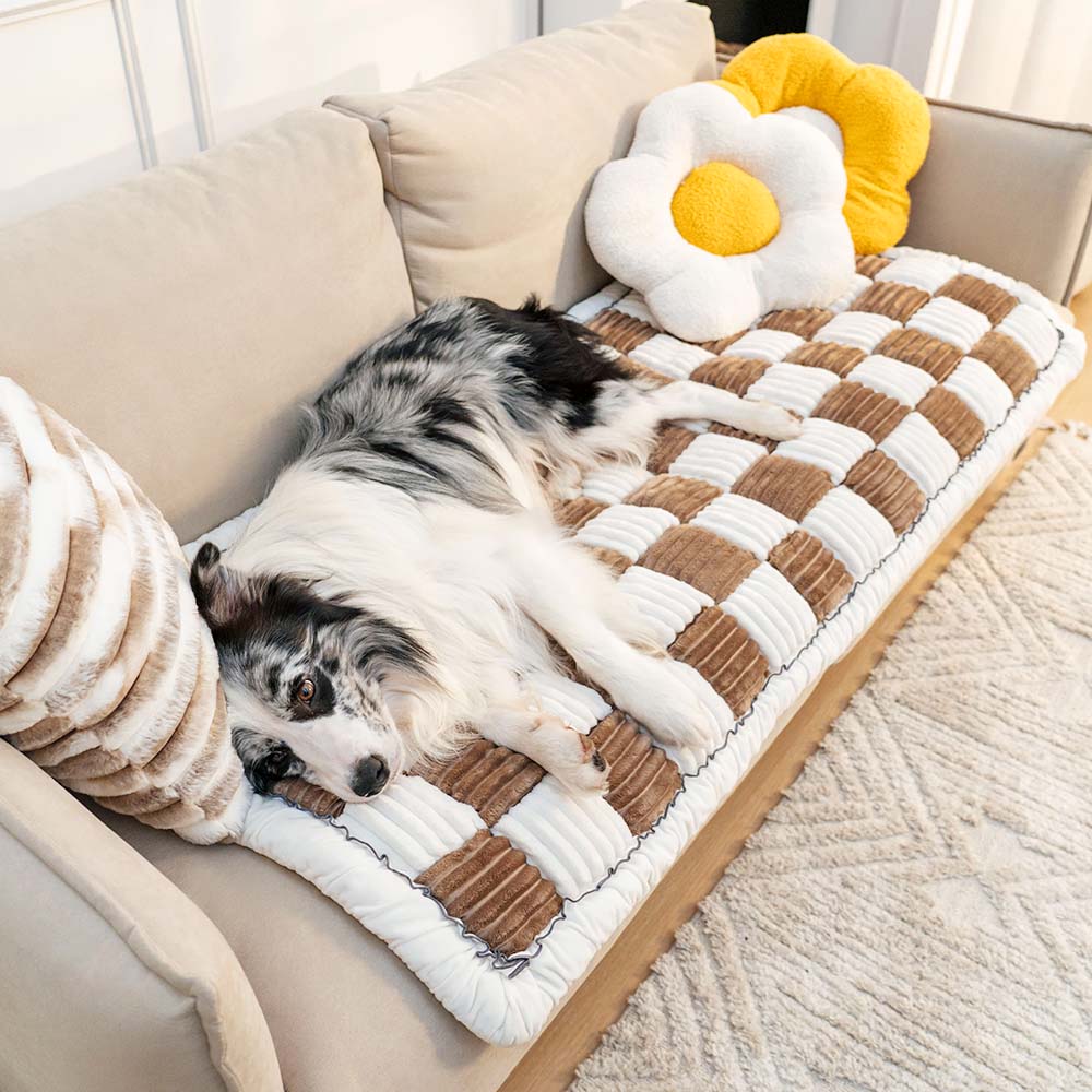 Dog Blanket for Couch – Cream Plaid Fuzzy Chenille Sofa Protector & Washable Pet Mat