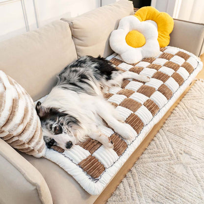 Dog Blanket for Couch – Cream Plaid Fuzzy Chenille Sofa Protector & Washable Pet Mat