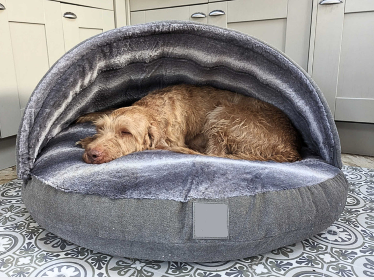 Dog Cave Bed – Grey Luxury Covered Calming Sofa with Removable Hood & Washable Cover