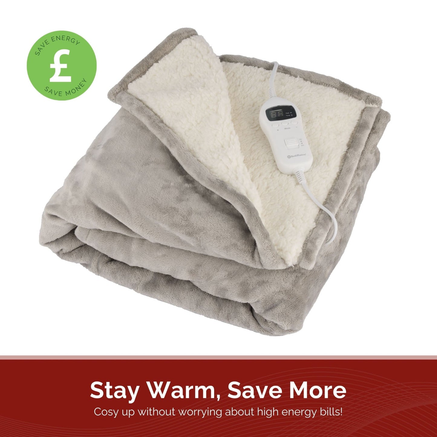Rediffusion Cosy Snug Grey Luxury Heated Throw – 10 Heat Settings, 1–10h Timer, Fast Heat-Up, Washable Fleece