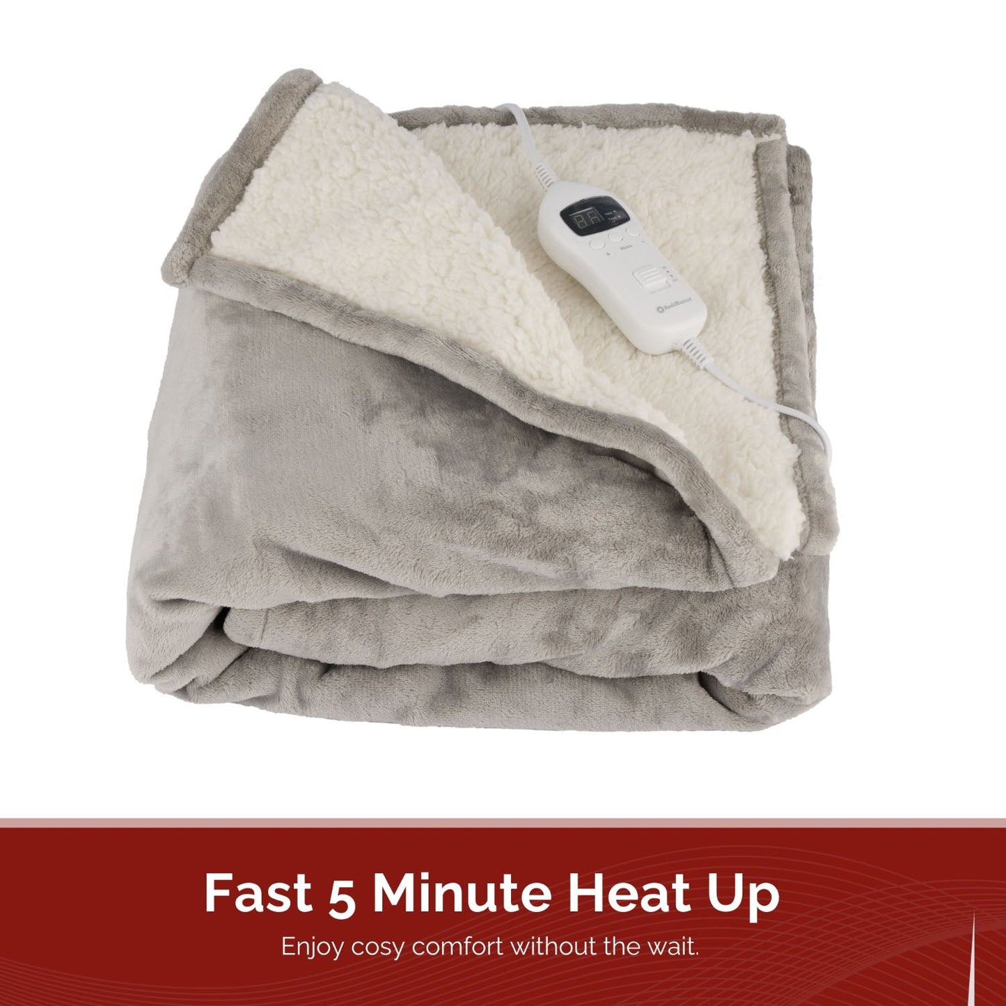 Rediffusion Cosy Snug Grey Luxury Heated Throw – 10 Heat Settings, 1–10h Timer, Fast Heat-Up, Washable Fleece