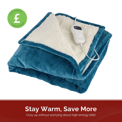 Rediffusion Cosy Snug Teal Luxury Heated Throw – 10 Heat Settings, 1–10h Timer, Fast Heat-Up, Washable Fleece
