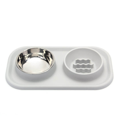 Dual-Bowl Dog Slow Feeder – Silicone, Non-Slip, Stainless