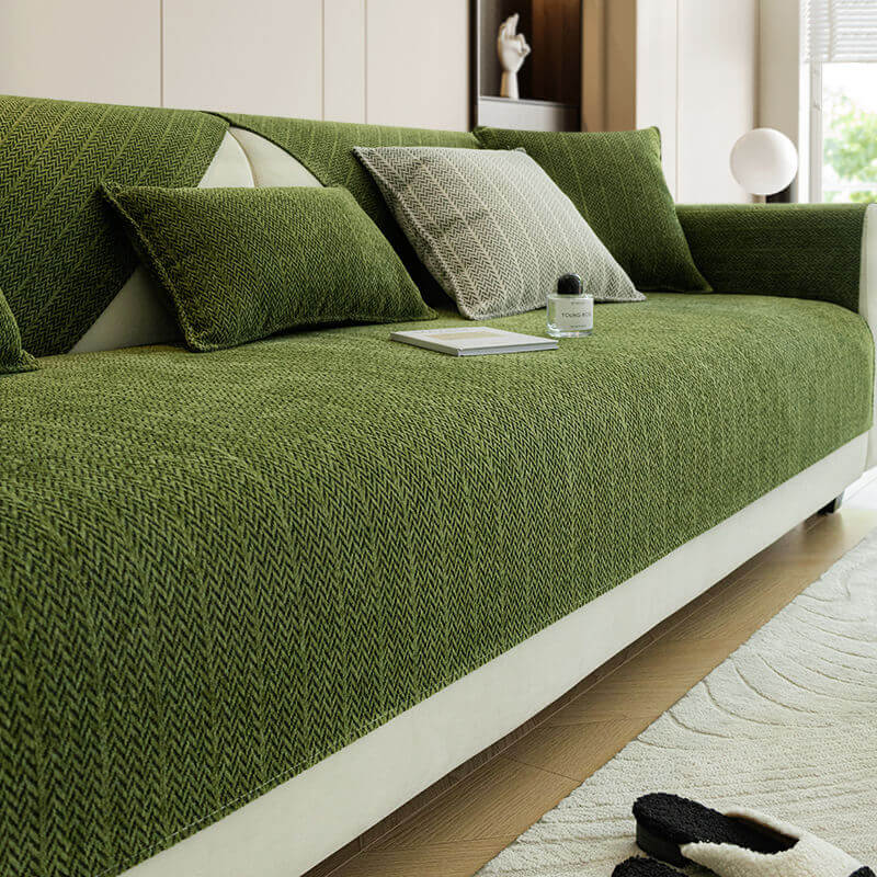 Chenille Sofa Cover – Scratch-Resistant Solid Color Herringbone Washable Pet Couch Protector