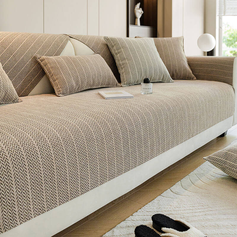 Chenille Sofa Cover – Scratch-Resistant Solid Color Herringbone Washable Pet Couch Protector