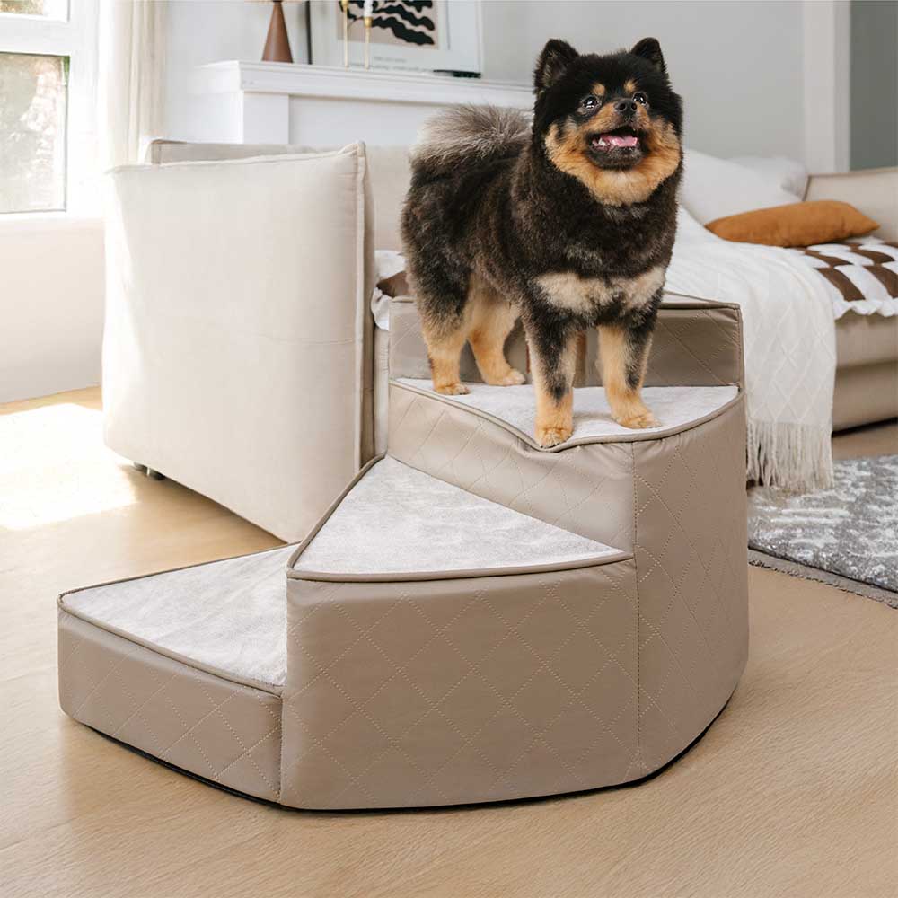 Dog Stairs for Bed & Sofa – Luxe Faux Leather Spiral Pet Steps, Water-Repellent & Washable (StepEase)
