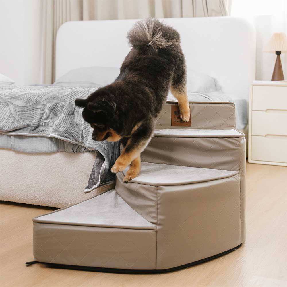 Dog Stairs for Bed & Sofa – Luxe Faux Leather Spiral Pet Steps, Water-Repellent & Washable (StepEase)