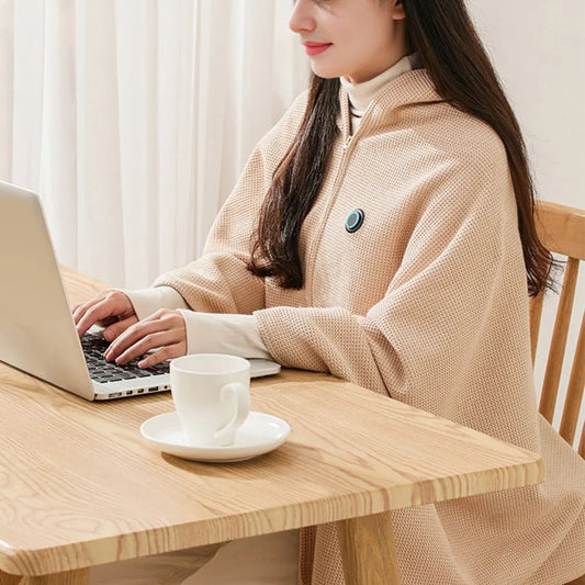 USB Electric Heated Blanket Poncho – Wearable Heated Throw, 3 Heat Levels, Zipper Zip-Up, Machine-Washable, Home & Office