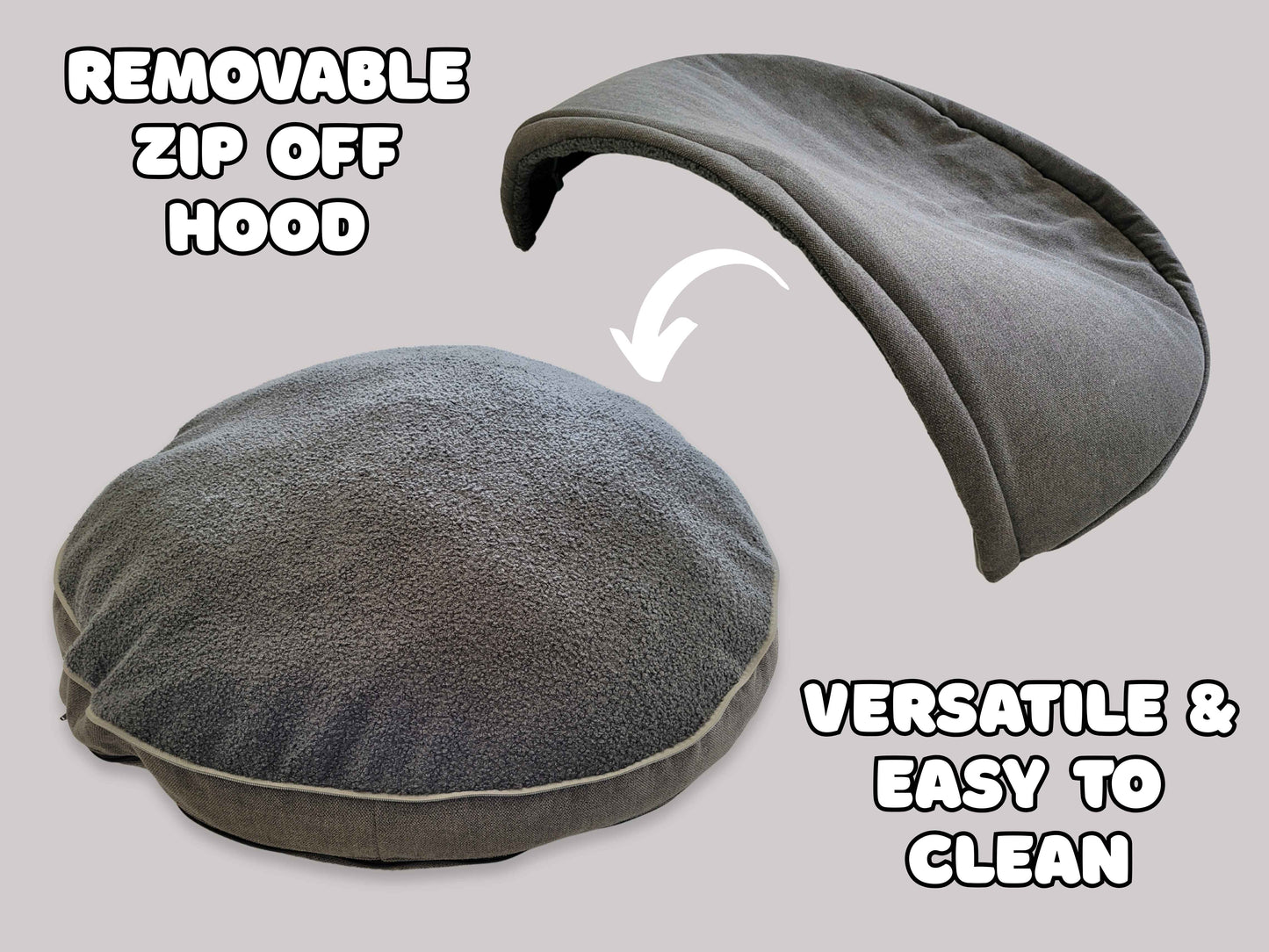 Dog Cave Bed – Grey Luxury Covered Calming Sofa with Removable Hood & Washable Cover