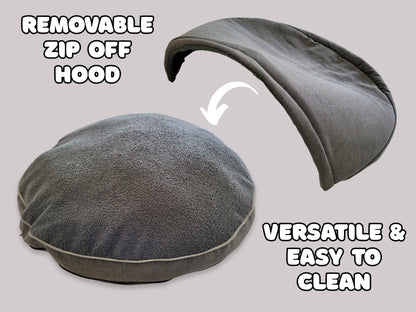 Dog Cave Bed – Grey Luxury Covered Calming Sofa with Removable Hood & Washable Cover