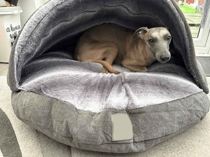 Dog Cave Bed – Grey Luxury Covered Calming Sofa with Removable Hood & Washable Cover