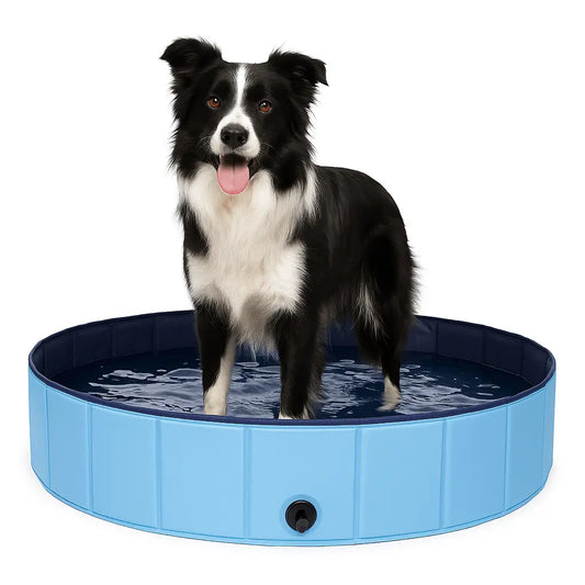 Dog Paddling Pool 80 cm – Foldable Hard - Side Non - Slip PVC Bath, Collapsible Kiddie Pool with Hose Drain, Portable Pet Wading Pool - mafooouk