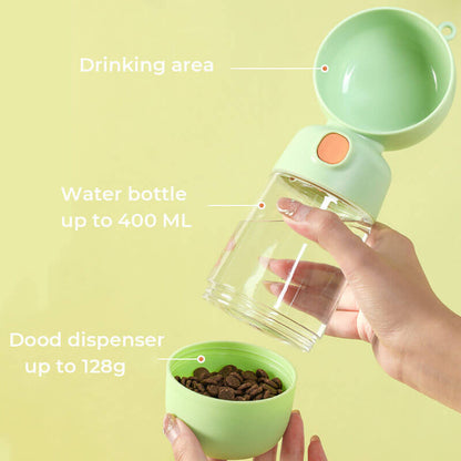 2-in-1 Portable Dog Water Bottle (400 ml) with Built-In Bowl & Food Compartmentx