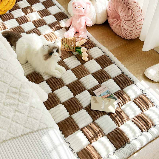 Dog Blanket for Couch – Cream Plaid Fuzzy Chenille Sofa Protector & Washable Pet Mat