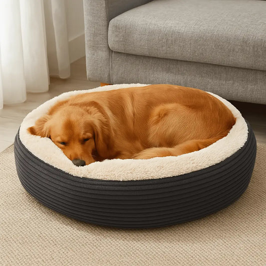 Large Plush Dog Bed – Machine‑Washable Grey & Cream Cord Nest with Raised Sides, Super‑Soft Calming Cushion for Big Breeds - mafooouk