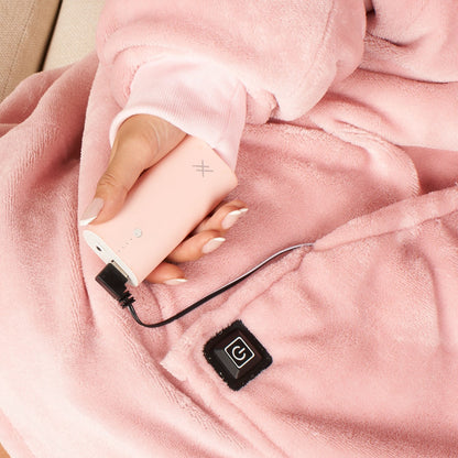Electric Heated Hoodie Blanket – Adults Oversized, Blush Sherpa, USB Heated Wearable Throw, 3 Heat Settings