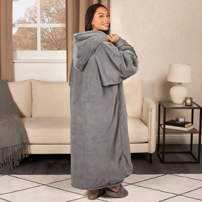 Electric Heated Hoodie Blanket – Adults Extra-Long, One Size, Charcoal Sherpa, USB Heated