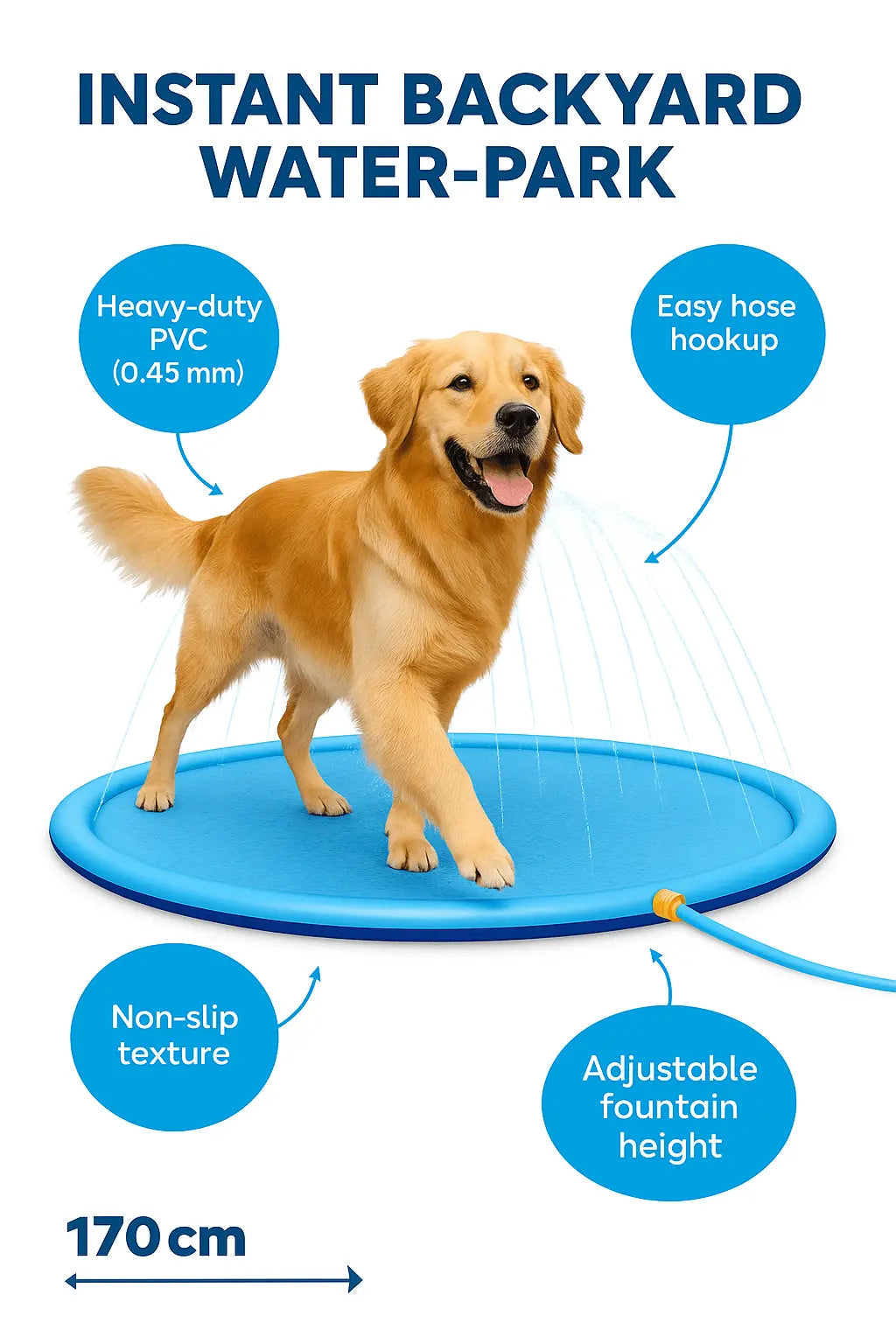 Sprinkler Splash Pad for Dogs & Kids 170 cm – Large Non - Slip PVC Water Play Mat, Adjustable Fountain Height, Foldable & Durable Outdoor Sprinkler Pad - mafooouk